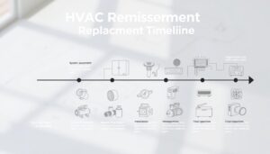 A modern, minimalist infographic showcasing the key steps in an HVAC replacement timeline. In the foreground, a sleek timeline diagram with distinct phases such as system assessment, equipment selection, installation, and final inspection. The middle ground features technical illustrations of HVAC components like compressors, ductwork, and thermostats, rendered in a technical, engineering-inspired style. The background has a softly blurred blueprint or architectural schematic providing context. The overall composition is clean, with a focus on efficiency and professionalism to match the subject matter. Lighting is natural and diffused, creating a sense of clarity and precision.