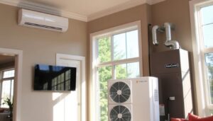 A modern, sunny residential interior with a focus on HVAC systems for a home addition. In the foreground, a sleek, wall-mounted air conditioning unit blends seamlessly into the room's decor. In the middle ground, a ductless mini-split system is prominently displayed, showcasing its efficient design. In the background, a central furnace and air handler unit are visible, highlighting the comprehensive HVAC solution for the home addition. The scene exudes a sense of energy efficiency, practicality, and seamless integration with the home's overall aesthetic.