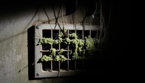 A moldy HVAC vent in a dimly lit, damp basement. The vent is partially obscured by cobwebs and grime, casting eerie shadows across the concrete walls. The metal grate is rusted and covered in a thick, green-gray mold that appears to be creeping along the edges. The air has a musty, stale scent, and a sense of neglect permeates the scene. The lighting is low and moody, with only a few shafts of light cutting through the gloom. The overall atmosphere is one of disrepair and unhealthy conditions, clearly indicative of a problem that needs immediate attention.