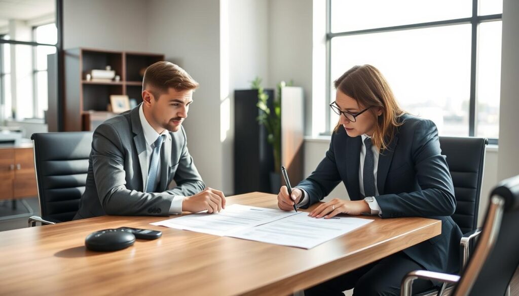 A neatly organized office setting, with two business professionals seated at a conference table, intently discussing a service contract. Bright, natural lighting filters in through large windows, casting a professional, productive atmosphere. The negotiators wear formal attire, leaning forward with focused expressions, meticulously examining the contract details spread out before them. Sleek, modern furnishings and equipment subtly convey the high-stakes nature of the HVAC service contract negotiation. An air of collaboration and compromise permeates the scene, as the two parties work to customize an agreement that satisfies both their needs.