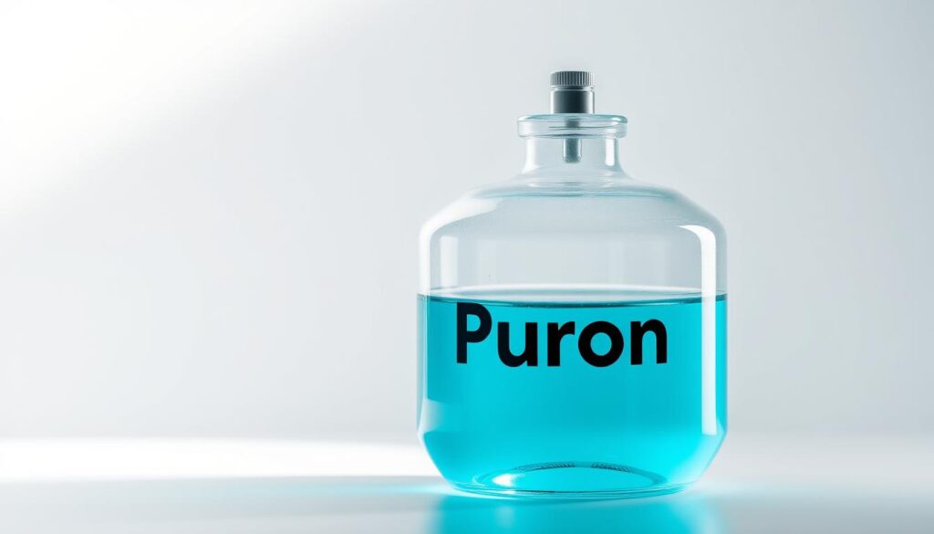 A pristine, glass refrigerant canister filled with a vibrant, turquoise-blue liquid, Puron, against a clean, white backdrop. Crisp, directional lighting from the side casts soft shadows, highlighting the container's sleek, cylindrical form and the liquid's captivating hue. The scene conveys a sense of technical precision and modernity, inviting the viewer to examine the distinct qualities of this alternative to traditional refrigerants.