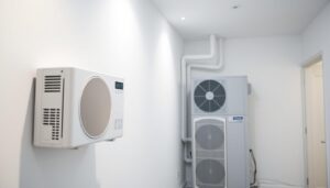 A pristine, well-lit installation of a modern ductless HVAC system. In the foreground, the sleek, compact indoor unit is mounted flush against a crisp white wall, its intuitive control panel accessible and easy to operate. In the middle ground, the connecting refrigerant lines snake neatly through the space, seamlessly integrated into the architecture. The outdoor compressor unit stands in the background, its efficient and whisper-quiet operation complementing the minimalist aesthetic. Soft, diffused lighting highlights the clean lines and modern design, creating a sense of elegant functionality in the space.