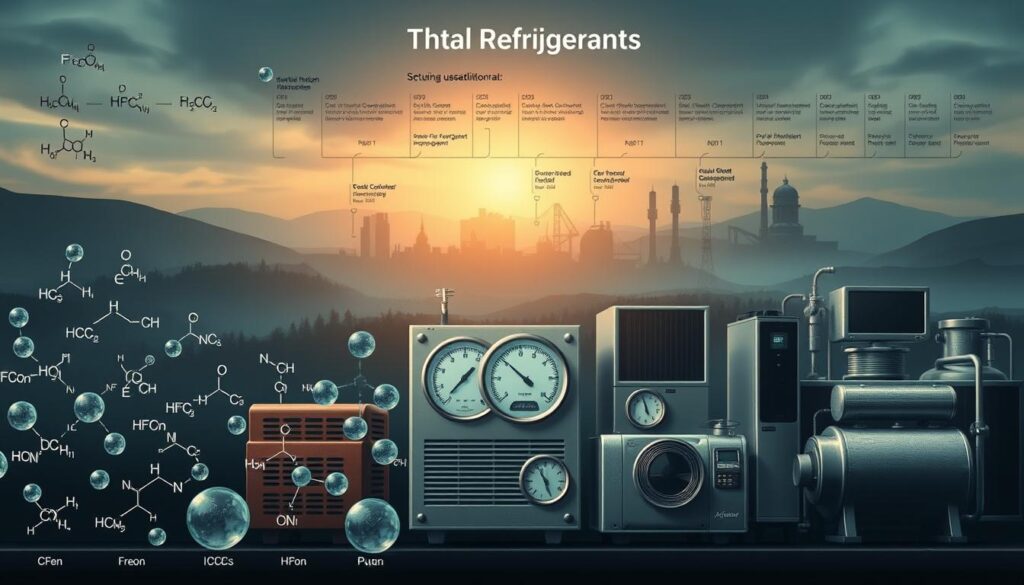 A scientific illustration showcasing the evolution of refrigerants through time. In the foreground, a collection of chemical formulas and molecular diagrams depicting the transition from early chlorofluorocarbons (CFCs) like Freon to more environmentally-friendly hydrofluorocarbons (HFCs) like Puron. The middle ground features vintage air conditioning units and gauges, contrasted with modern, sleek HVAC equipment. The background depicts a timeline of refrigerant development, with historical events and technological advancements fading into an atmospheric, moody landscape. Realistic, technical, and informative - this image provides a comprehensive visual guide to understanding the progression of refrigerants used in air conditioning systems.