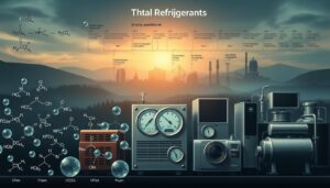 A scientific illustration showcasing the evolution of refrigerants through time. In the foreground, a collection of chemical formulas and molecular diagrams depicting the transition from early chlorofluorocarbons (CFCs) like Freon to more environmentally-friendly hydrofluorocarbons (HFCs) like Puron. The middle ground features vintage air conditioning units and gauges, contrasted with modern, sleek HVAC equipment. The background depicts a timeline of refrigerant development, with historical events and technological advancements fading into an atmospheric, moody landscape. Realistic, technical, and informative - this image provides a comprehensive visual guide to understanding the progression of refrigerants used in air conditioning systems.
