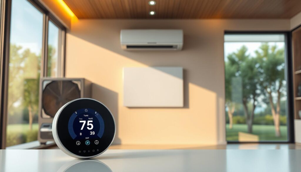 A sleek, futuristic home interior with a prominent HVAC system. In the foreground, a modern thermostat display showcases its intuitive, responsive interface. Behind it, a series of smart HVAC components are visible, including a compact air handler, a high-efficiency compressor, and interconnected sensors monitoring temperature, humidity, and air quality. The middle ground features a minimalist, wall-mounted control panel, its smooth surface reflecting the warm, ambient lighting. In the background, a large window frames a view of a serene, tree-lined landscape, suggesting the system's energy-efficient capabilities. The overall scene conveys a sense of technological sophistication, user-friendly design, and environmental harmony.
