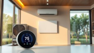 A sleek, futuristic home interior with a prominent HVAC system. In the foreground, a modern thermostat display showcases its intuitive, responsive interface. Behind it, a series of smart HVAC components are visible, including a compact air handler, a high-efficiency compressor, and interconnected sensors monitoring temperature, humidity, and air quality. The middle ground features a minimalist, wall-mounted control panel, its smooth surface reflecting the warm, ambient lighting. In the background, a large window frames a view of a serene, tree-lined landscape, suggesting the system's energy-efficient capabilities. The overall scene conveys a sense of technological sophistication, user-friendly design, and environmental harmony.