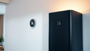 A sleek, modern HVAC system with a minimalist design, featuring clean lines and a smooth, matte black finish. The unit is positioned prominently in the foreground, casting a subtle shadow on the wall behind it. The lighting is soft and diffused, creating a warm, inviting atmosphere. In the middle ground, a smart thermostat display shows the current temperature and settings, with intuitive touch controls. The background showcases a modern, well-appointed living space with tasteful decor, suggesting the seamless integration of the smart HVAC system into the home environment.