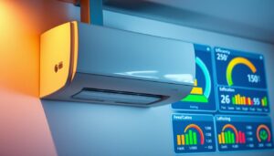 A sleek, modern HVAC unit set against a backdrop of energy efficiency ratings displayed on a digital dashboard. The unit is illuminated by warm overhead lighting, casting soft shadows and highlighting its streamlined design. The dashboard showcases a range of numerical ratings and color-coded indicators, conveying the system's energy efficiency performance. The overall scene has a clean, high-tech aesthetic, reflecting the scientific and technical nature of the HVAC energy efficiency topic.