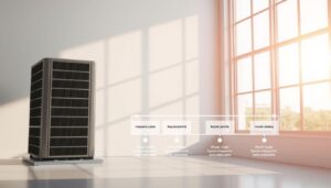 A sleek, modern HVAC unit stands prominently in the foreground, surrounded by a clean, minimalist interior. Soft, natural lighting filters through large windows, casting a warm glow over the scene. In the middle ground, a timeline visualization illustrates key factors influencing the HVAC replacement process, such as system size, required permits, and installation complexity. The background features architectural details and a serene, uncluttered atmosphere, emphasizing the importance of planning and preparation in a successful HVAC upgrade.