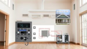 A spacious, well-lit room showcasing various HVAC zoning components. In the foreground, a central HVAC control panel with clearly labeled zones, thermostats, and motorized dampers. Behind it, a series of air vents, each representing a different zone, strategically placed throughout the space. The middle ground features a diagram or schematic of the zonal HVAC system, highlighting the interconnected ductwork and airflow pathways. In the background, a cutaway view of the home's exterior reveals the outdoor condensing unit and other HVAC equipment, all working together to deliver optimized climate control to the distinct zones. The overall scene conveys a sense of technical sophistication and the benefits of a customized HVAC zoning solution.