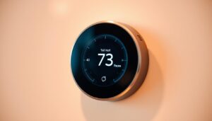 A streamlined, modern smart thermostat with a sleek tempered glass face and brushed aluminum trim, set against a softly diffused background of warm neutral tones. The display shows a clear, legible interface with intuitive touch controls, effortlessly blending form and function. Subtle ambient lighting accentuates the device's sophisticated aesthetic, creating a harmonious, technology-forward atmosphere. The scene is captured with a shallow depth of field, drawing the viewer's eye to the central thermostat, showcasing its elegant design and advanced capabilities.