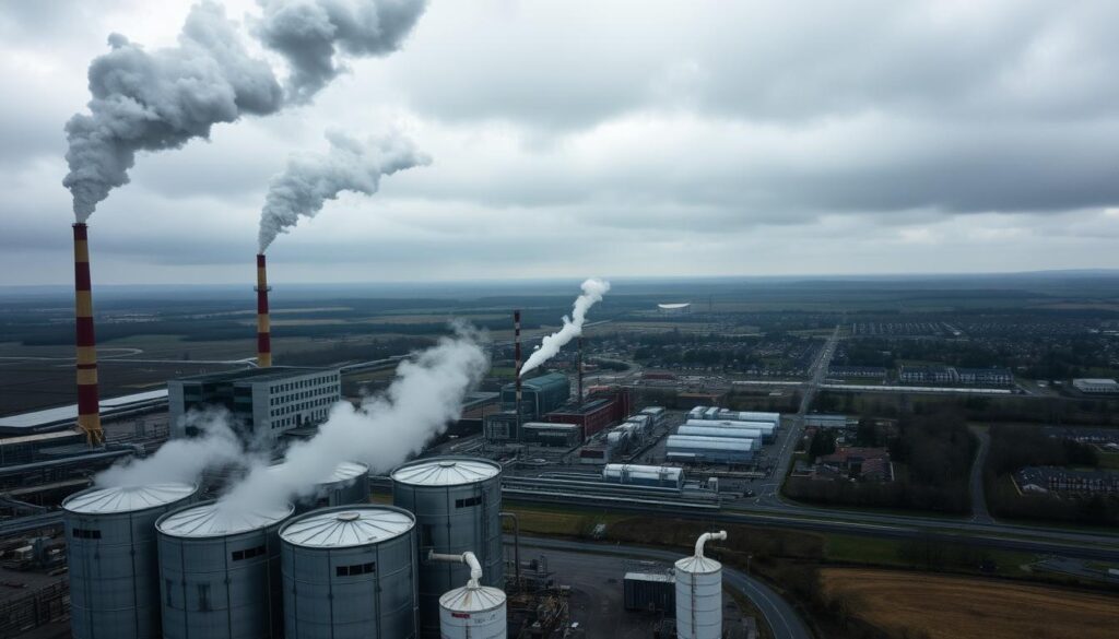 A striking aerial view of a sprawling industrial complex, with smokestacks billowing thick plumes of vapor into a brooding, overcast sky. In the foreground, a series of steel drums and storage tanks ominously stand, hinting at the hazardous chemicals they contain. The middleground is dominated by a network of pipes and refrigeration units, their fluorescent-tinged hues contrasting against the muted tones of the surrounding landscape. In the distance, a group of residential homes and a school campus are barely visible, serving as a stark reminder of the potential environmental impact of these industrial operations. The scene is bathed in a somber, almost ominous lighting, conveying a sense of unease and the need for urgent action.