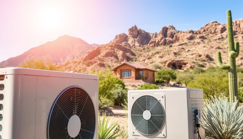 A sun-drenched Arizona landscape, with a modern HVAC unit prominently featured in the foreground. The unit's sleek design and efficient cooling capabilities are highlighted through careful lighting and angle. In the middle ground, a cozy residential home nestled among lush greenery, symbolizing the vital role of HVAC in providing comfort and climate control. The background showcases the dramatic, rugged terrain of the region, underscoring the importance of reliable HVAC systems in withstanding the challenging environmental conditions. The overall scene conveys a sense of harmony between technology, architecture, and the natural world, emphasizing the essential nature of HVAC financing in maintaining a comfortable, energy-efficient home in Arizona's climate.