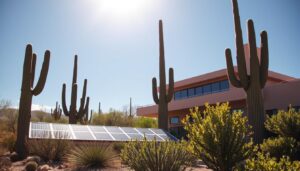 A sun-drenched desert landscape, the towering Saguaro cacti casting long shadows against a cloudless azure sky. In the foreground, a modern, energy-efficient home with sleek solar panels glistening on the roof, blending seamlessly with the arid terrain. The middle ground features a lush, drought-resistant oasis of native plants, their verdant foliage a testament to strategic water management. Warm, diffused light bathes the scene, creating a sense of tranquility and harmony between the built and natural environments. The overall atmosphere conveys the unique climate challenges faced in Arizona, where innovative design and sustainable practices are essential for energy-efficient living.