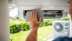 A well-lit, close-up view of a homeowner performing routine maintenance on a mini-split air conditioning unit. The foreground shows the homeowner's hands carefully wiping the indoor unit's air filter, while the mid-ground reveals the outdoor condenser unit with its sleek, modern design. The background depicts a neatly landscaped backyard, with lush greenery and a clear blue sky. The lighting is soft and even, creating a sense of tranquility. The image conveys the importance of regular mini-split maintenance to ensure optimal performance and energy efficiency, in line with the article's subject and section title.