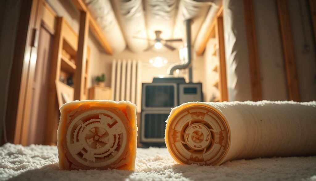 A well-lit, detailed interior scene showcasing the key benefits of HVAC insulation. In the foreground, crisp cross-section views of insulation materials, highlighting their thermal resistance and soundproofing properties. In the middle ground, an HVAC unit surrounded by properly installed insulation, emphasizing its efficiency and energy-saving potential. The background features a warm, cozy living space, with the insulation's role in maintaining temperature and comfort levels clearly visible. The overall mood is one of technical precision and home-owner satisfaction, conveying the real-world advantages of optimized HVAC insulation.