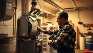 A well-lit, detailed scene depicting the step-by-step HVAC replacement process. In the foreground, a technician attentively works on removing an old, worn-out HVAC unit, using specialized tools. In the middle ground, the new, energy-efficient HVAC system is visible, ready to be installed. The background shows the clean, organized workspace, with various HVAC components and materials neatly arranged. The scene conveys a sense of professionalism, efficiency, and the care taken in the HVAC replacement process. Warm, soft lighting illuminates the scene, creating a welcoming atmosphere.