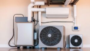 A well-lit, high-quality photograph of an HVAC system's key components, including a furnace, air conditioner, thermostat, and ductwork. The components should be neatly arranged on a clean, neutral background, showcasing their intricate details and technical specifications. The lighting should be natural and evenly distributed, highlighting the sleek, modern design of the equipment. The angle should be slightly elevated, providing a comprehensive view of the system's interconnected parts. The overall mood should convey a sense of professionalism and attention to detail, reflecting the importance of HVAC maintenance for the comfort and efficiency of a home.
