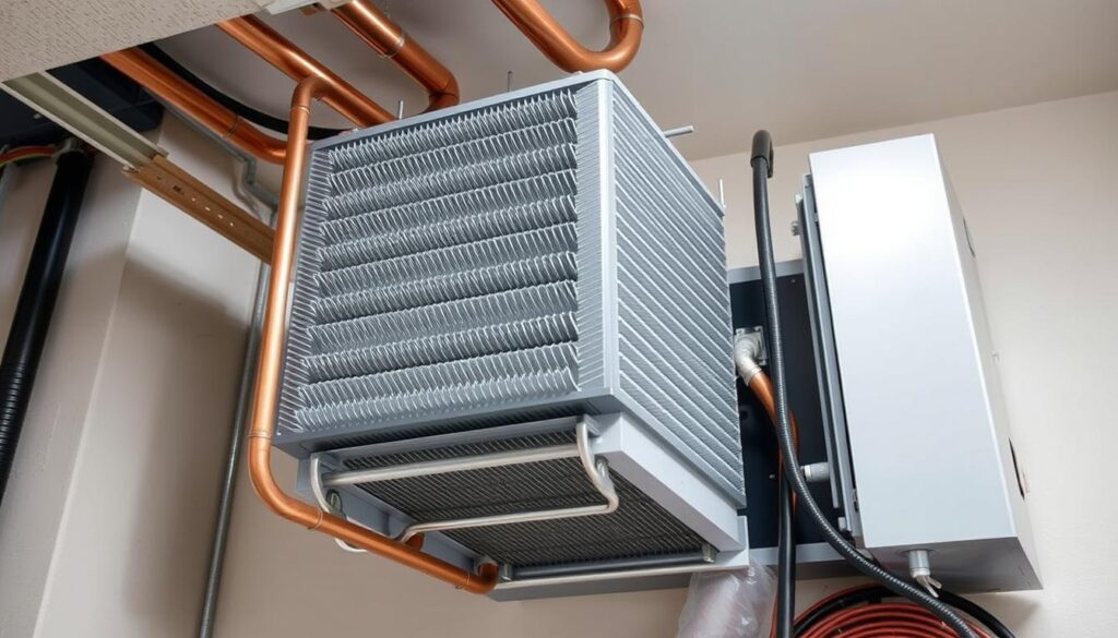 A well-lit, high-resolution image of an evaporator coil installation in an indoor HVAC system. The coil is prominently featured in the center of the frame, showcasing its intricate metallic fins and copper tubing. The surrounding environment is clean, organized, and neatly arranged, with a neutral-toned background that emphasizes the technical details of the installation. The image is shot from a slightly elevated angle, providing a clear, detailed view of the coil's components and the overall installation process. The lighting is bright and directional, highlighting the sheen of the metal surfaces and creating defined shadows that add depth and dimension to the scene. The overall mood is professional, technical, and informative, reflecting the instructional nature of the article.