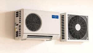 A well-lit, high-resolution photograph of a modern ductless HVAC system, showcasing its sleek, compact indoor unit mounted on a wall, with the outdoor compressor unit visible in the background. The image should capture the system's clean, minimal aesthetic, highlighting its discreet, space-saving design. The lighting should be soft and natural, emphasizing the system's streamlined look and high-quality finish. The background should be a neutral, uncluttered setting, allowing the HVAC system to be the central focus of the image.