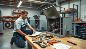 A well-lit professional workshop with a neatly organized workbench, various HVAC tools and equipment laid out, including wrenches, gauges, and a service manual. In the foreground, a technician in a clean uniform kneels next to an open HVAC unit, carefully inspecting the components. The middle ground features other HVAC units waiting to be serviced, and the background shows the workshop's industrial shelving stocked with spare parts and supplies. The overall scene conveys a sense of focused expertise, efficiency, and attention to detail in maintaining HVAC systems for optimal performance.