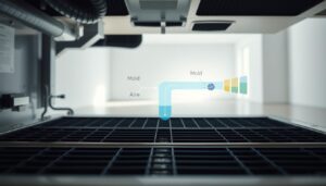 A well-lit, visually striking image showcasing effective HVAC mold prevention strategies. The foreground depicts a modern HVAC system, its components meticulously detailed, highlighting the importance of regular maintenance and cleaning. In the middle ground, an expertly composed diagram illustrates the flow of air through the system, with clear indications of potential mold-prone areas. The background subtly fades into a serene, minimalist space, conveying a sense of calm and control. The overall scene is captured through a wide-angle lens, creating a sense of depth and emphasizing the comprehensive nature of the HVAC mold prevention approach. The lighting is natural and diffused, casting soft shadows and accentuating the sleek, professional aesthetics of the HVAC system.
