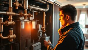A well-maintained HVAC system, bathed in warm, golden light, takes center stage. Gleaming pipes and valves convey the intricate workings, while a technician in the foreground thoughtfully inspects the unit. In the background, a cozy living room hints at the comfortable environment an efficient HVAC system provides. The scene exudes a sense of professionalism, attention to detail, and the tangible benefits of regular HVAC maintenance - improved energy efficiency, extended system lifespan, and optimal indoor climate control.
