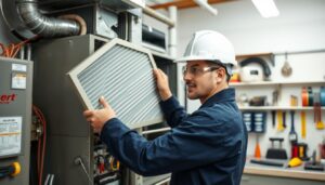 A well-maintained HVAC system with an air filter being carefully inspected, technician in the foreground wearing a navy blue uniform, white hard hat, and safety goggles, surrounded by neatly organized tools and equipment on a tidy workbench in a bright, clean, and well-lit HVAC service facility, conveying the importance of consistent seasonal maintenance for optimal home comfort and energy efficiency.