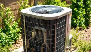 A well-maintained air conditioning unit, situated in a sunny outdoor setting, its metal casing gleaming under the warm Arizona light. The unit is surrounded by lush greenery, conveying a sense of harmony between technology and nature. The angles and perspectives showcase the intricate inner workings, allowing viewers to appreciate the engineering and craftsmanship that go into these essential cooling systems. The image radiates a sense of durability and reliability, hinting at the long lifespan of a properly cared for AC unit in the desert climate.