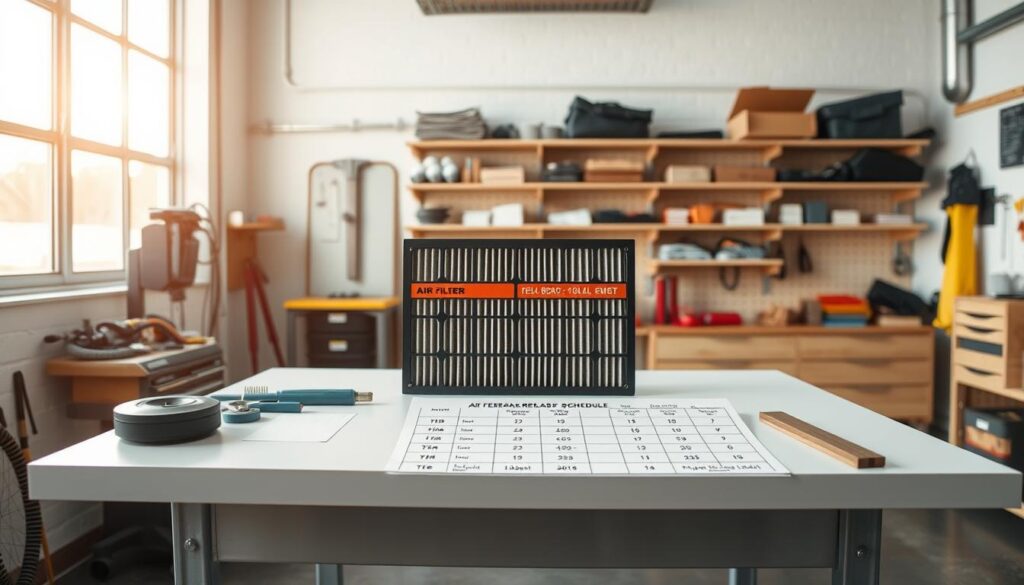 A well-organized workshop interior with a clean, well-lit work table showcasing an air filter, various tools, and a detailed schedule for filter replacement. The scene has a neutral, professional tone, conveying a sense of efficient maintenance and clear organization. The air filter is prominently displayed, allowing the viewer to focus on the replacement schedule details. Soft natural lighting from a large window illuminates the scene, creating a sense of clarity and attention to detail. The overall composition guides the viewer's eye to the key elements, making the information easy to understand and apply.