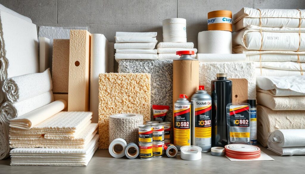 An expansive array of HVAC insulation materials, arranged in a well-lit, organized composition. In the foreground, various types of fiberglass batting, rigid foam boards, and spray foam canisters are displayed, showcasing their unique textures and insulative properties. In the middle ground, rolls of reflective insulation and cellulose loose-fill material stand prominently, highlighting the diversity of insulation solutions. The background features neatly stacked insulation accessories, such as insulation tape and sealants, complementing the overall professional and informative atmosphere. The scene is captured with a sharp focus and balanced lighting, emphasizing the technical details and practical applications of these essential HVAC insulation components.