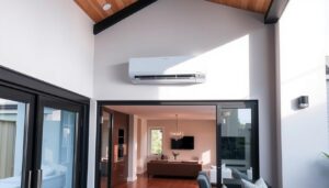 An image of a ductless mini-split system installed in a modern home addition.