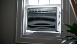 An image of a window air conditioner installed in a window.