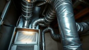 An interior view of a residential furnace, showcasing the intricate airflow and ventilation system. The foreground features the furnace's main compartment, with clean, metallic components and a glowing heat exchanger. The middle ground displays the ductwork branching out, carrying warm air through the home. The background depicts the furnace's surroundings, with a dimly lit, industrial-inspired atmosphere, highlighting the importance of proper airflow for the system's efficient operation. The scene is captured with a wide-angle lens, conveying a sense of scale and depth, emphasizing the comprehensive nature of the furnace's air circulation.