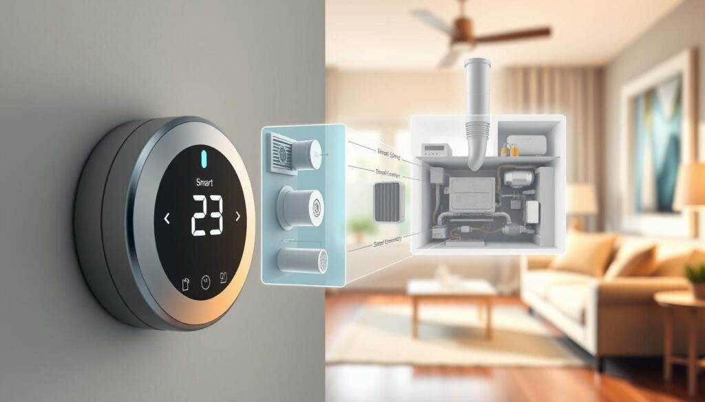 Beautifully lit 3D rendered illustration of the benefits of a smart HVAC system. In the foreground, a sleek, minimalist thermostat with smooth touch controls and an intuitive digital display showcases its energy-efficient and programmable features. In the middle ground, a cutaway view reveals the HVAC system's smart components, including sensors, smart vents, and a central control unit that optimizes air flow and temperature throughout the home. The background depicts a cozy, well-lit modern living room, highlighting how the smart HVAC system harmoniously integrates with the home's decor and provides improved comfort and air quality. Lighting is soft and natural, with a slight warm tone conveying a sense of welcoming ambiance.