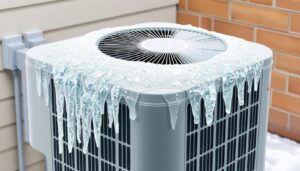 Image of a heat pump with ice buildup on the outdoor unit