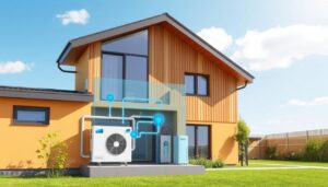 Image of a modern home with an air source heat pump installed