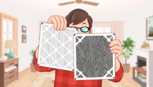Image of a person holding a new furnace filter next to an old, dirty one