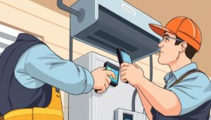 Image of a professional HVAC technician inspecting a heating or cooling system