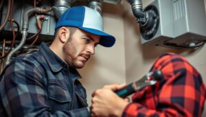 Image of a professional HVAC technician inspecting a heating system