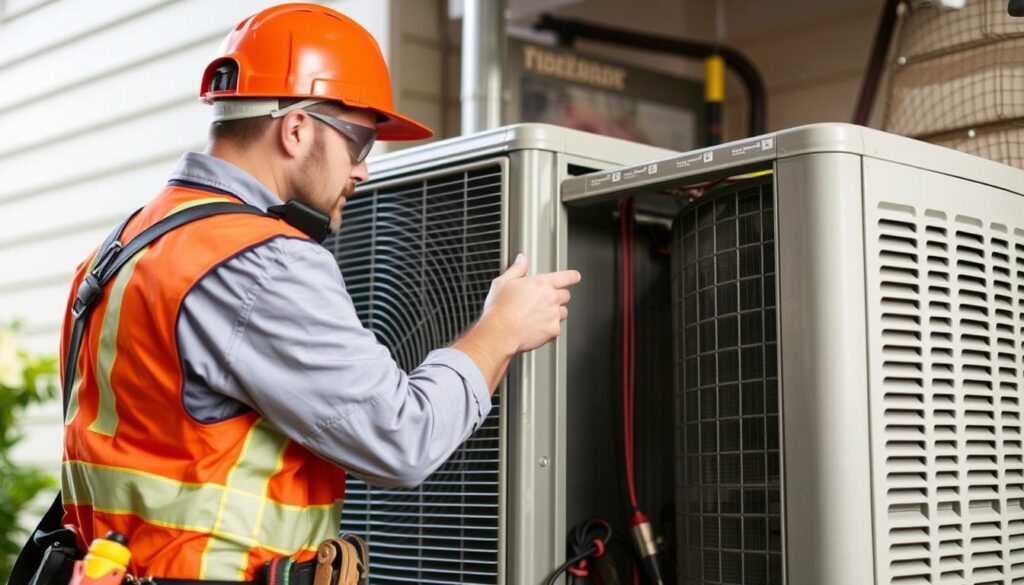 Image of a professional HVAC technician inspecting an air conditioning unit