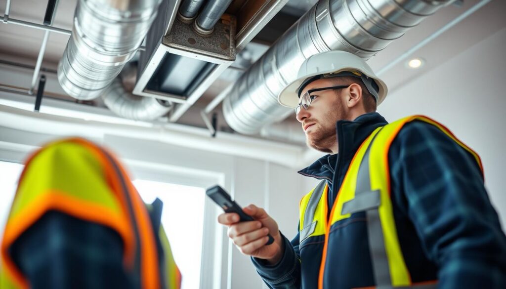 Image of a professional HVAC technician inspecting ductwork