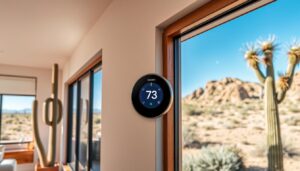 Image of a smart thermostat installed in an Arizona home