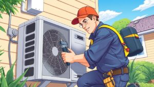 Image of an HVAC technician inspecting an AC unit