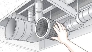 Image of duct silencers being installed in an HVAC system