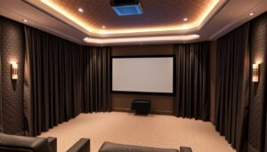 Quiet Barrier® Acoustic Quilts draped over a home theater wall to reduce HVAC noise