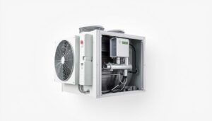 a detailed high-resolution photo of an air handler unit, with a clean, modern design and a sleek, minimalist aesthetic. The air handler is the focal point, positioned in the center of the frame with a plain white or light gray background. The unit has a metal housing with vents, controls, and connections visible, showcasing its technical components. The lighting is bright and even, with soft shadows that accentuate the textural details. The camera angle is slightly elevated, providing a clear, unobstructed view of the air handler. The overall mood is one of efficiency, functionality, and industrial precision, reflecting the purpose and importance of this HVAC component.