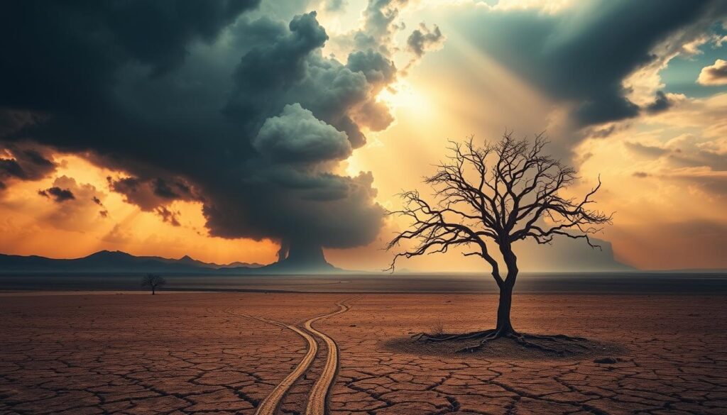 a dramatic, cinematic landscape showing the devastating effects of global warming, with a striking visual metaphor that conveys the scale and urgency of the crisis. In the foreground, a lone, withered tree stands in a parched, cracked desert, symbolizing the dwindling resources and desertification caused by climate change. Behind it, towering, menacing dark clouds loom, their ominous shapes hinting at the severe weather patterns and natural disasters that have become more frequent and intense. In the distance, the horizon is obscured by a thick haze, suggestive of the polluted atmosphere and rising temperatures that are transforming the world. The lighting is dramatic, with shafts of warm, golden light breaking through the gloom, casting an ominous glow over the entire scene. The overall mood is one of foreboding and urgency, conveying the grave environmental consequences of humanity's actions.
