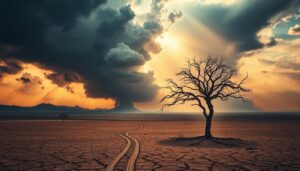 a dramatic, cinematic landscape showing the devastating effects of global warming, with a striking visual metaphor that conveys the scale and urgency of the crisis. In the foreground, a lone, withered tree stands in a parched, cracked desert, symbolizing the dwindling resources and desertification caused by climate change. Behind it, towering, menacing dark clouds loom, their ominous shapes hinting at the severe weather patterns and natural disasters that have become more frequent and intense. In the distance, the horizon is obscured by a thick haze, suggestive of the polluted atmosphere and rising temperatures that are transforming the world. The lighting is dramatic, with shafts of warm, golden light breaking through the gloom, casting an ominous glow over the entire scene. The overall mood is one of foreboding and urgency, conveying the grave environmental consequences of humanity's actions.