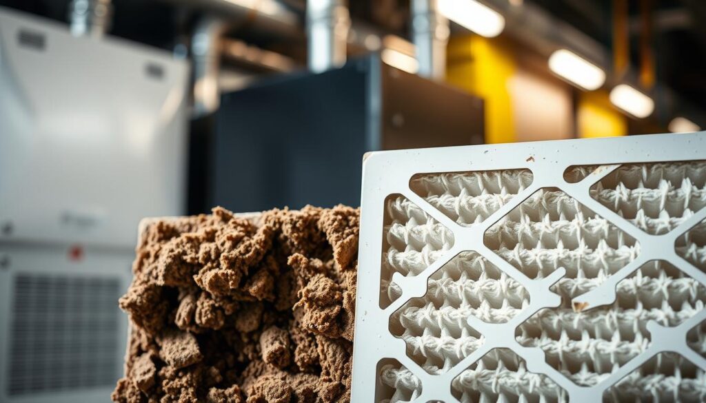 a high-quality, highly detailed image of a dirty, clogged HVAC air filter in the foreground, with a clean, fresh air filter in the middle ground, both set against a blurred background of an HVAC system or mechanical room. The image should convey the importance of regular air filter maintenance, with the dirty filter illustrating the buildup of dust, debris, and contaminants, and the clean filter representing the improved airflow and system efficiency. The lighting should be dramatic, with shadows and highlights accentuating the textures and details of the filters. The overall mood should be one of educational importance, emphasizing the need for attentive HVAC air filter care.